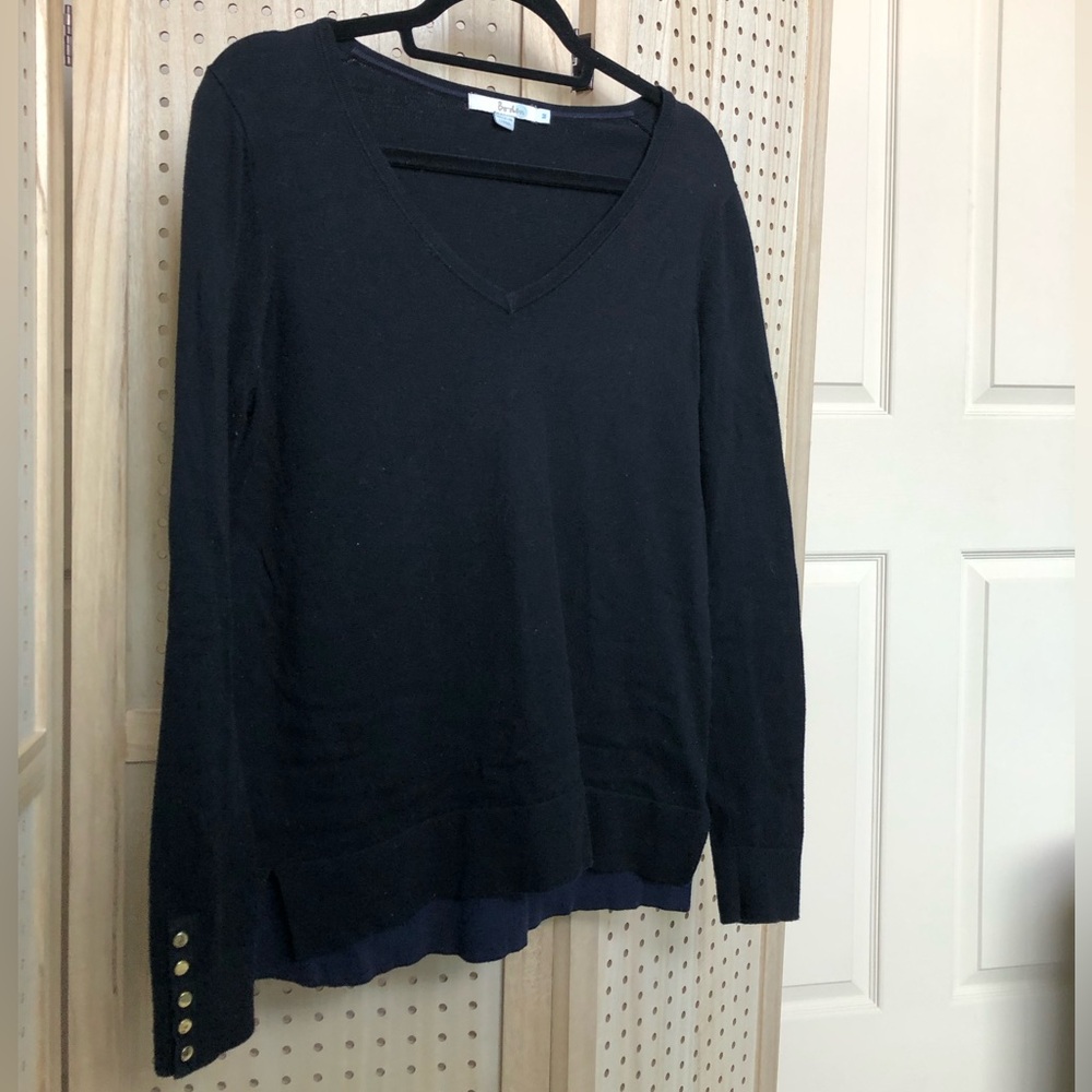 Boden Sweater in Black with Navy lined Trim, Gold Sleeve Embellishment Sz M